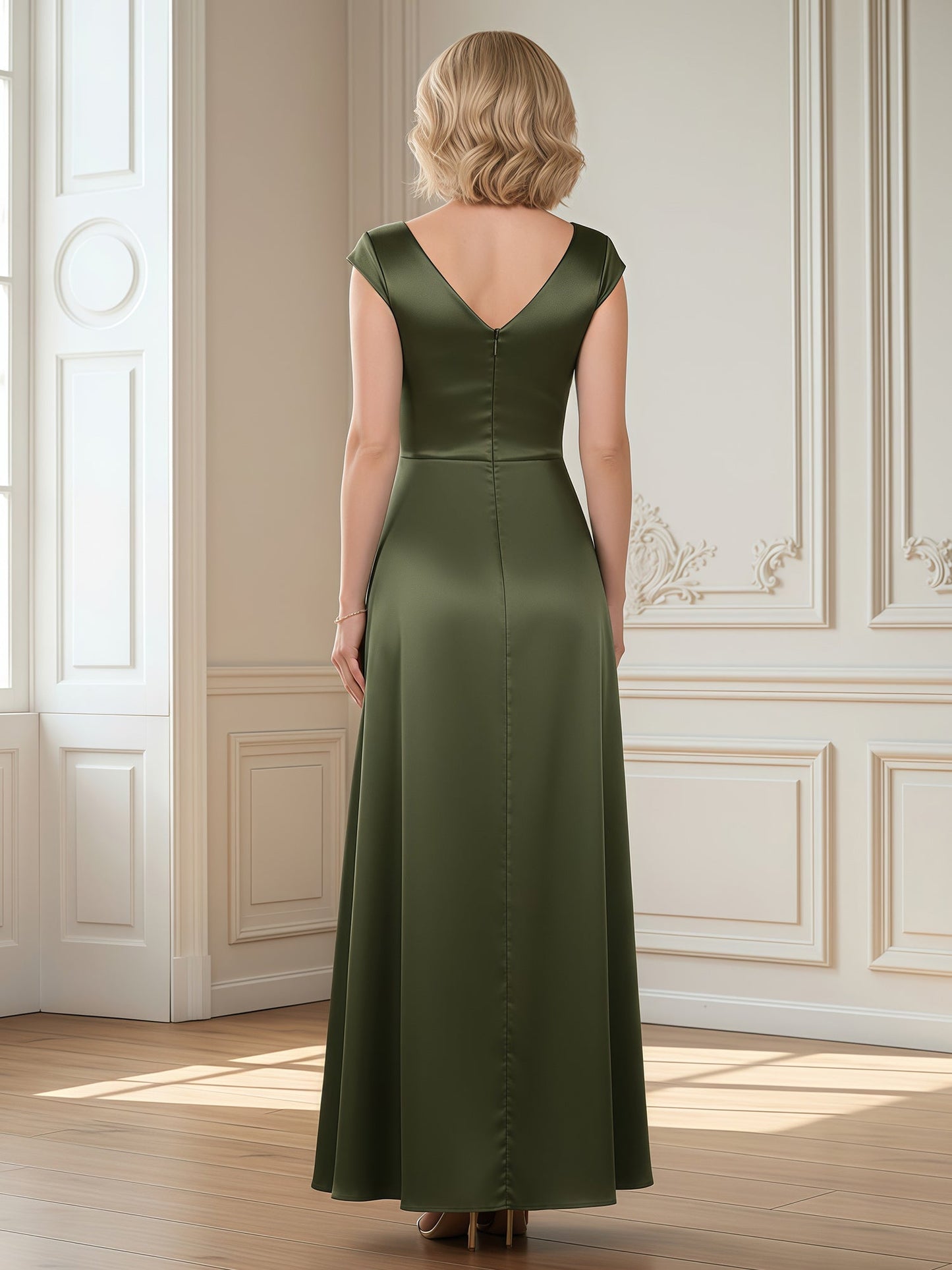 A-Line Maxi Dress with Side Tie Detail and Slit Olive Green