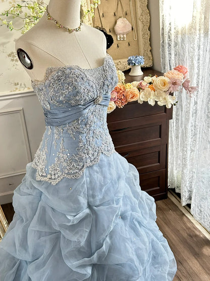 Vintage Princess Light Hazy Blue Strapless Lace Embroidered Tulle Ball Gown Evening Dress cc5377