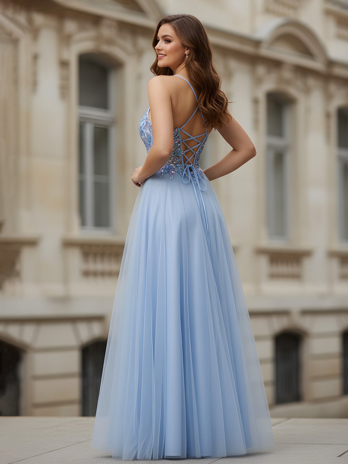 A-Line Spaghetti Straps Applique Sequins Tulle Dress Sky Blue