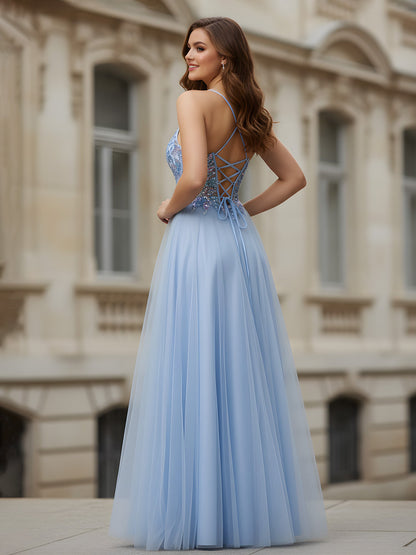 A-Line Spaghetti Straps Applique Sequins Tulle Dress Sky Blue