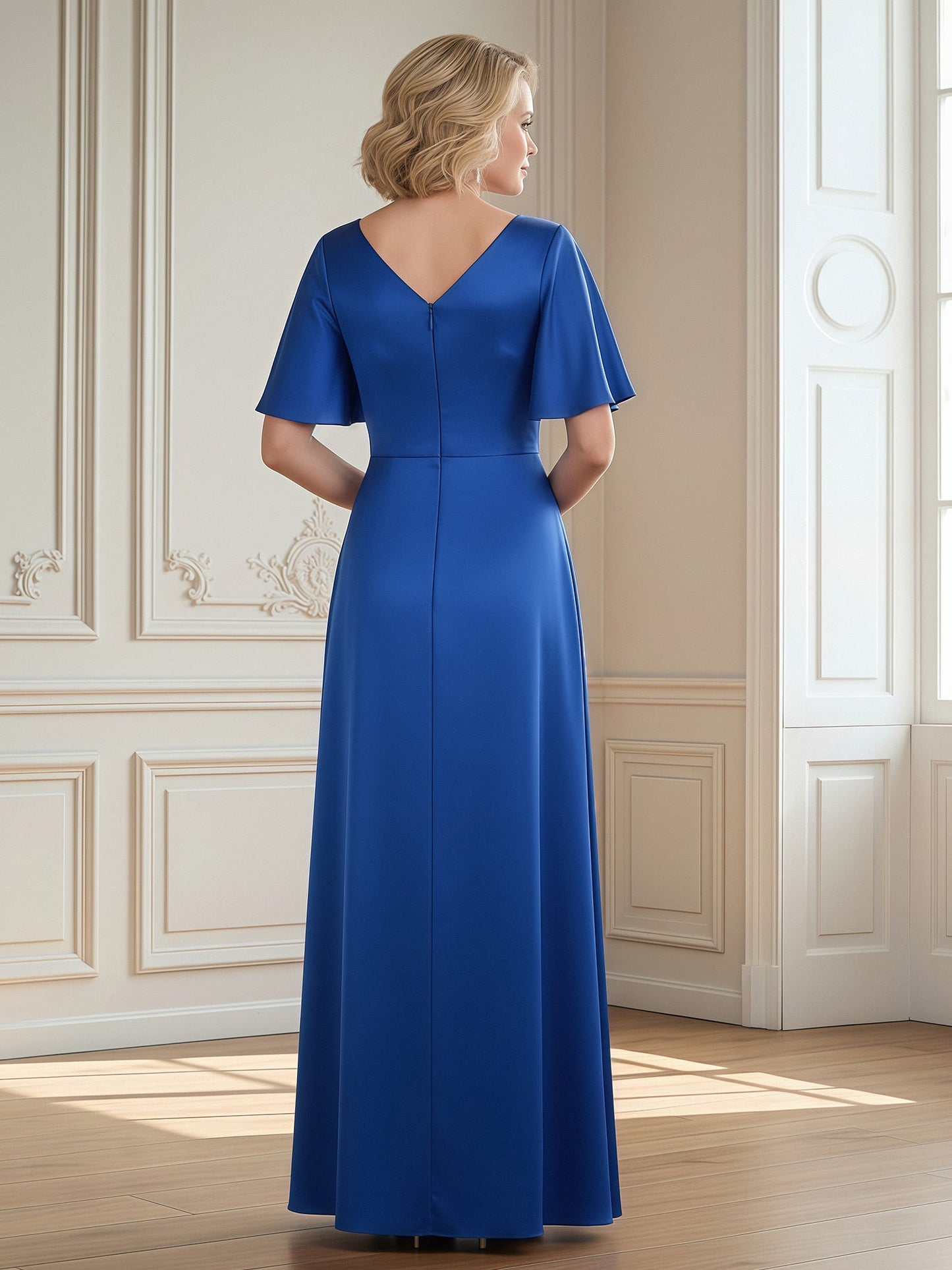 V-Neck Maxi Dress with Flounce Sleeves and Slit Royal Blue
