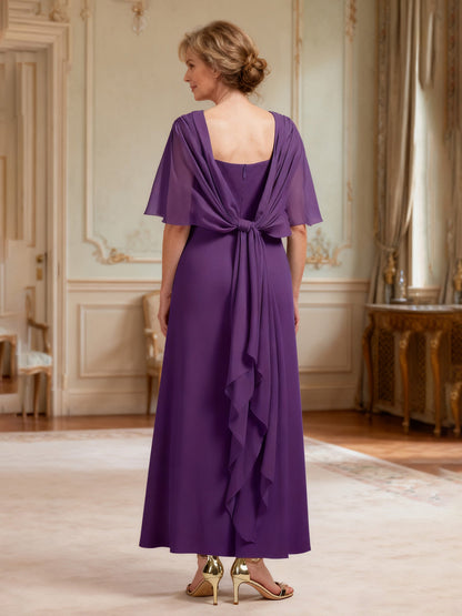 Bateau Neck Formal Dress with Dramatic Back Drape Grape