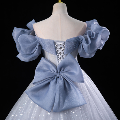 Fairy Blue Tulle Sequins Off the Shoulder Quinceanera Dress Cute Ball Gown With Bow  cc1700