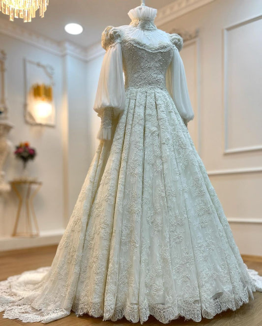 Vintage Leg-of-Mutton Sleeve Lace Tulle Train Gown | Edwardian Style High-Neck Ballgown Maxi Dress for Wedding Bridal Gala Ball gh6409