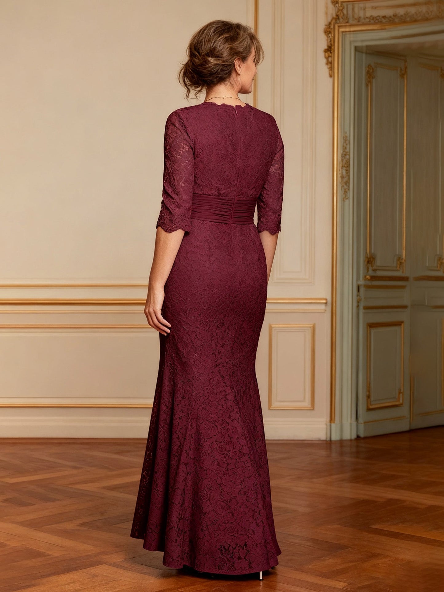 All-Over Lace Mermaid Gown with Scalloped V-Neck Burgundy