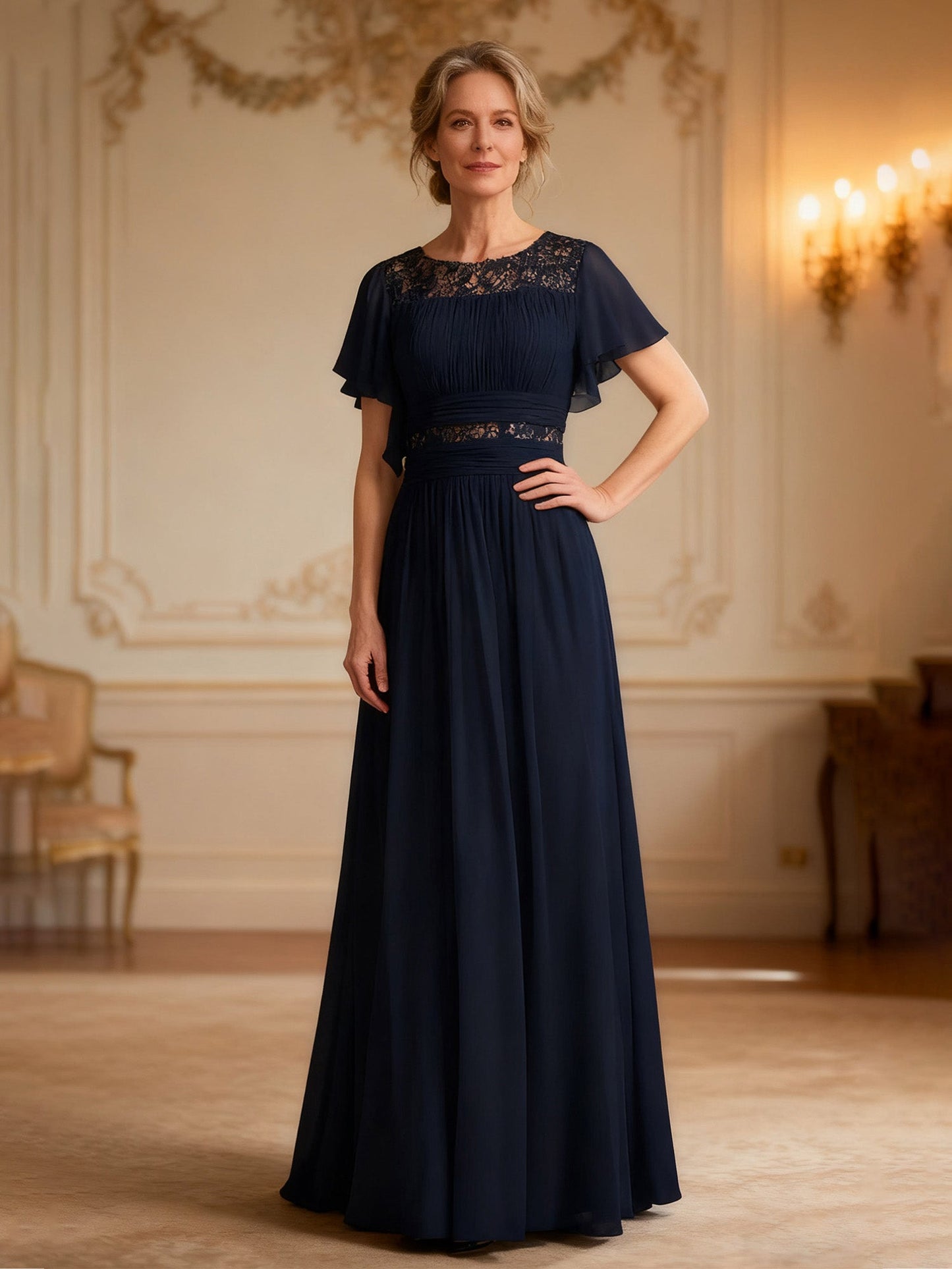 Chiffon A-Line Gown with Ruched Bodice and Lace Insert Dark Navy