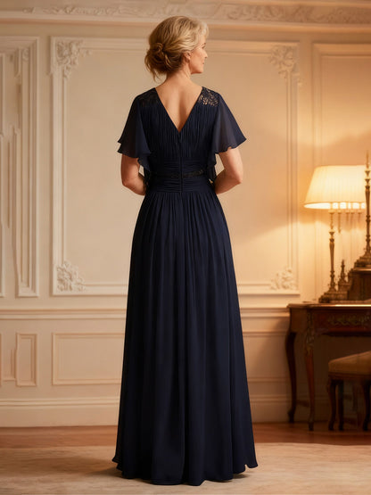 Chiffon A-Line Gown with Ruched Bodice and Lace Insert Dark Navy