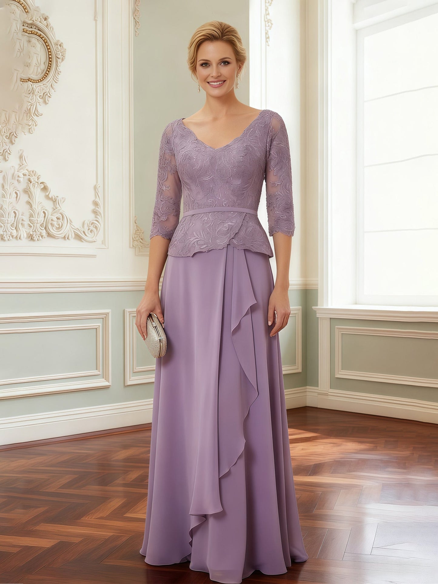 Lace Peplum Bodice Gown with Drape Overlay Skirt Wisteria