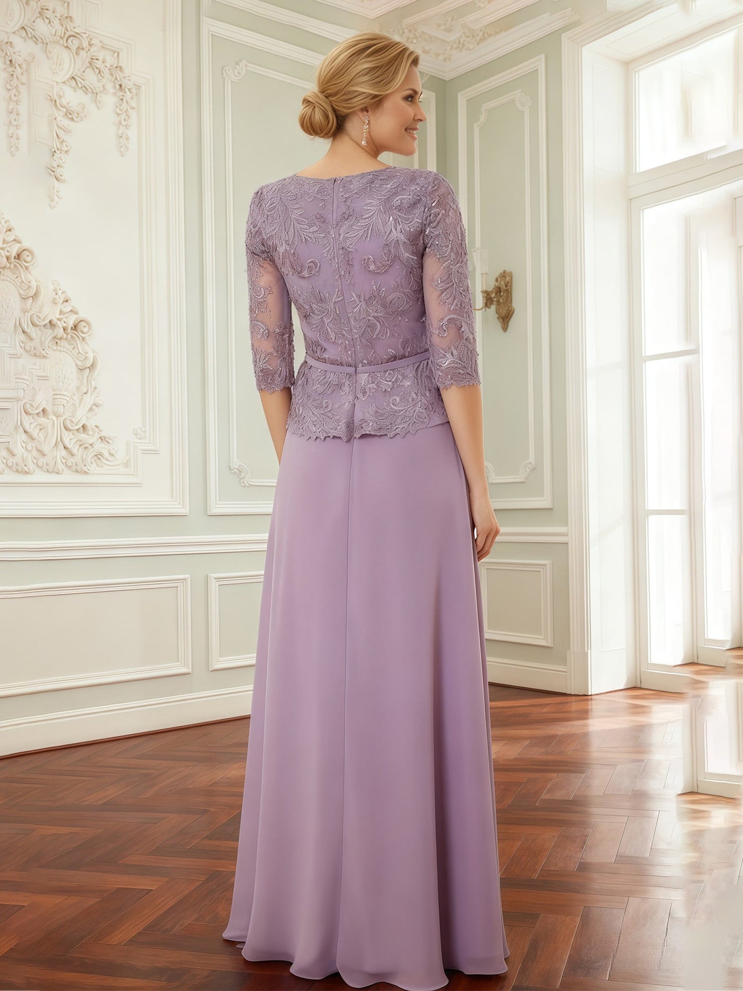 Lace Peplum Bodice Gown with Drape Overlay Skirt Wisteria