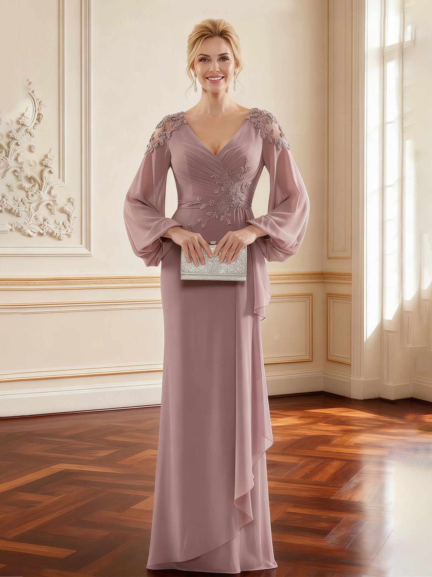 Ruched Bodice Formal Dress with Asymmetrical Skirt Drape Vintage Mauve