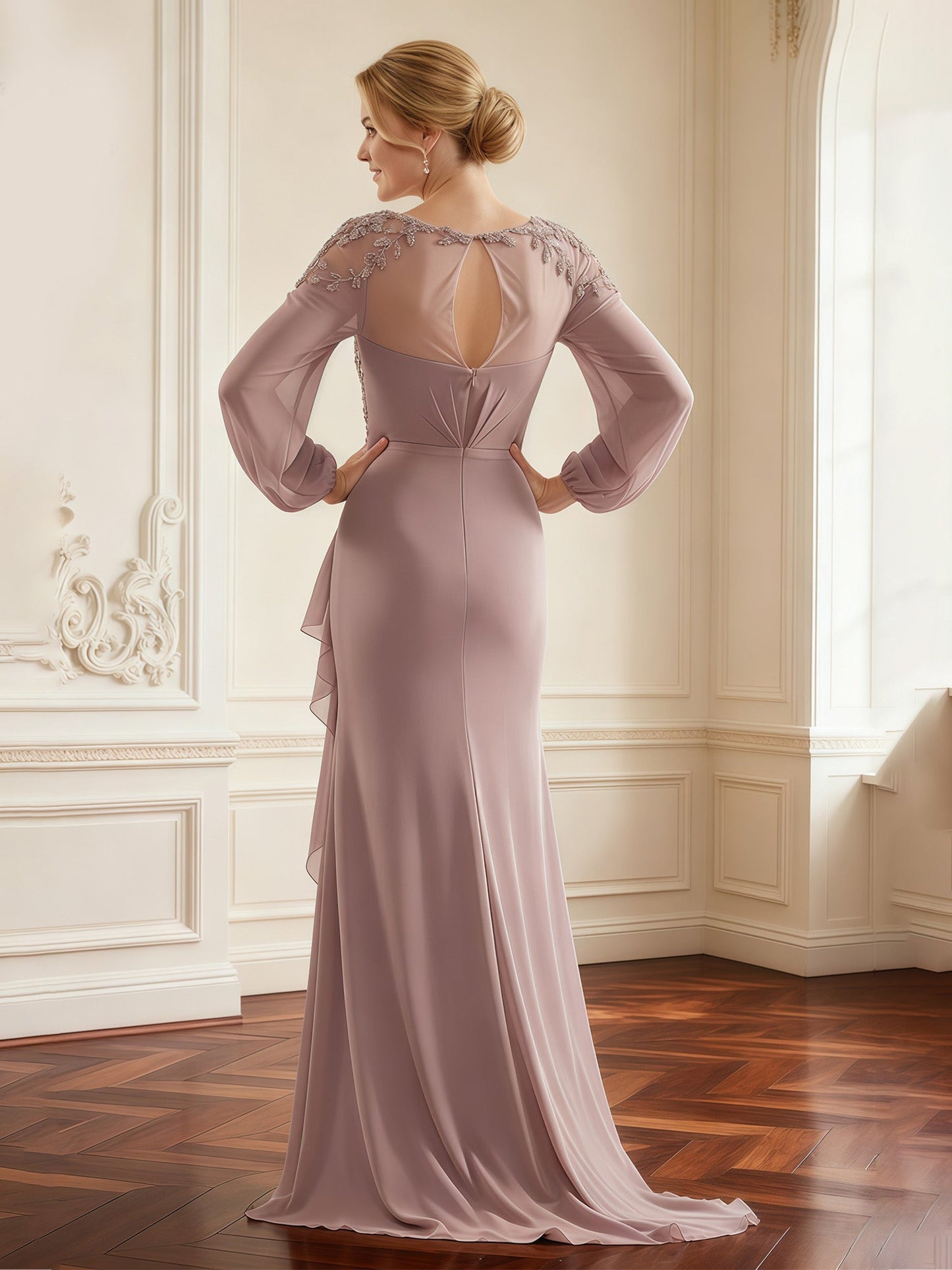 Ruched Bodice Formal Dress with Asymmetrical Skirt Drape Vintage Mauve