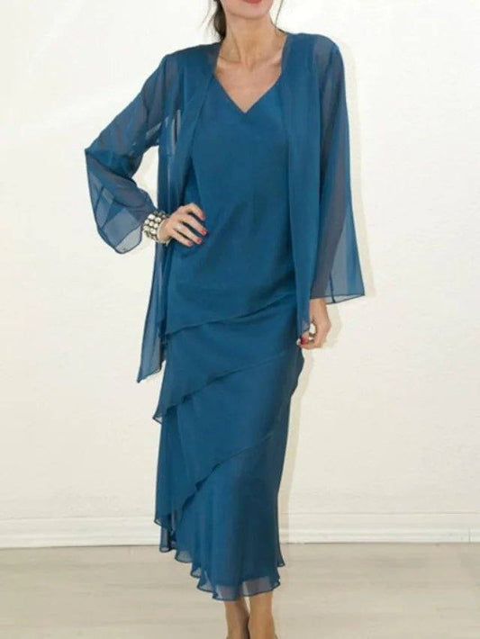Two Piece Sheath / Column Mother of the Bride Dress Elegant V Neck Tea Length Chiffon Long Sleeve with Ruffles - RongMoon