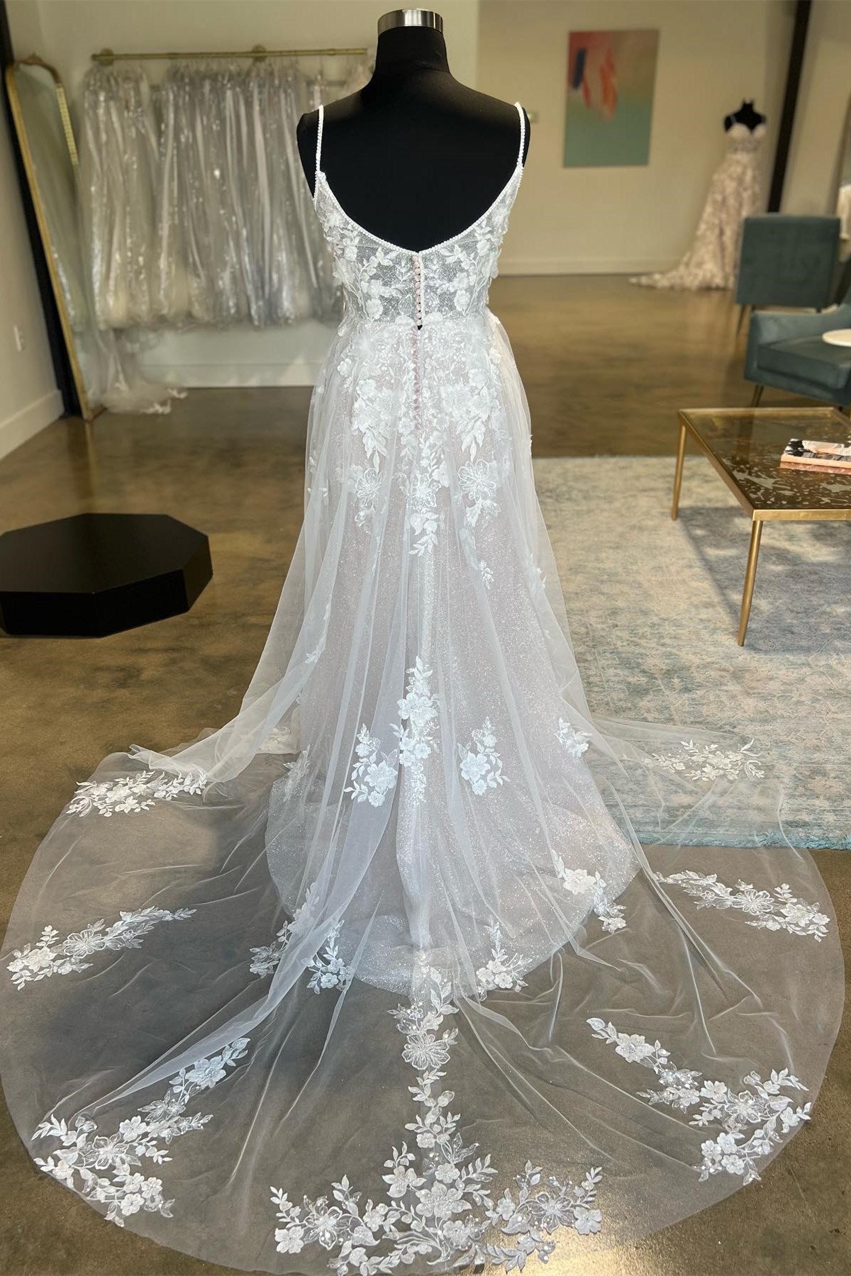 Ivory Floral Lace Spaghetti Strap Long Bridal Gown