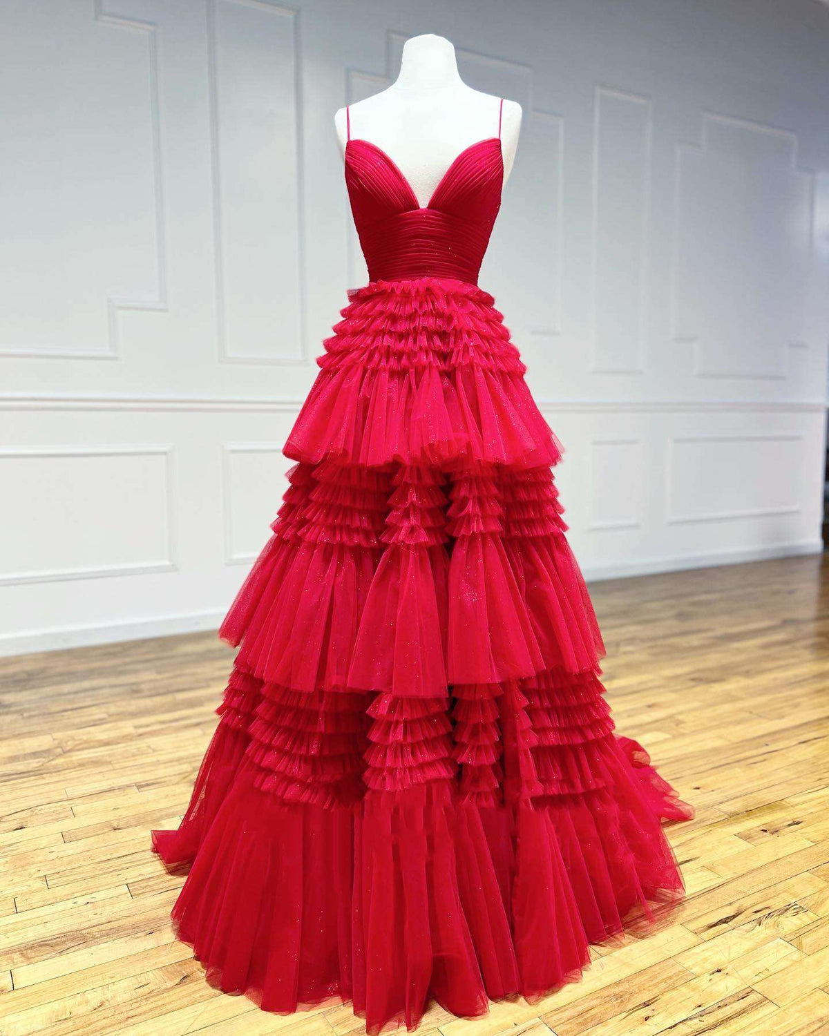 Black Tulle Multi-Tiered V-Neck Long Prom Dress