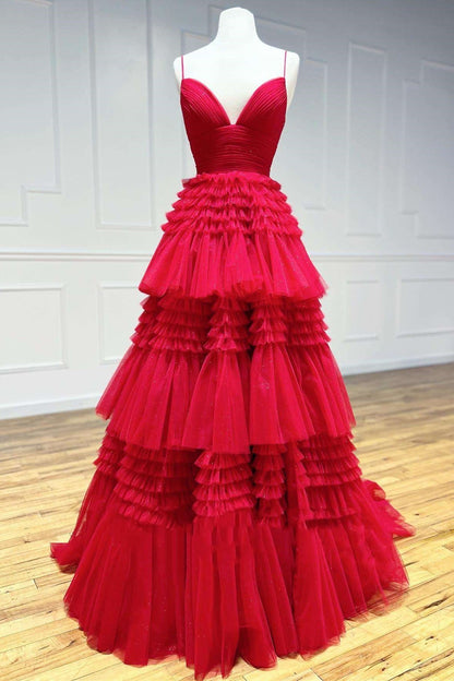 Red Tulle V-Neck Multi-Tiered A-Line Prom Dress