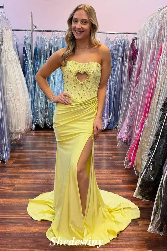 Beaded Strapless Keyhole Yellow Mermaid Prom Dress with Lace-up