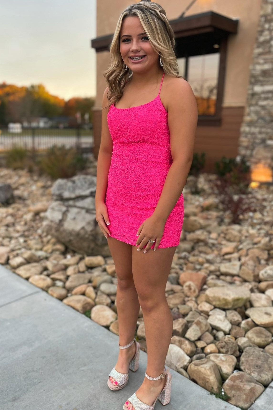 Hot Pink Sequin Spaghetti Straps Mini Bodycon Dress