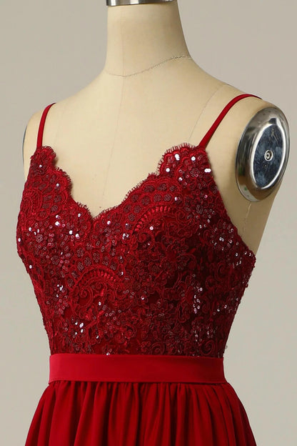 Red Lace Straps Banded Waist Bridesmaid Dress