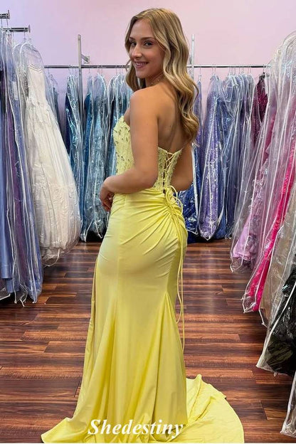 Beaded Strapless Keyhole Yellow Mermaid Prom Dress with Lace-up