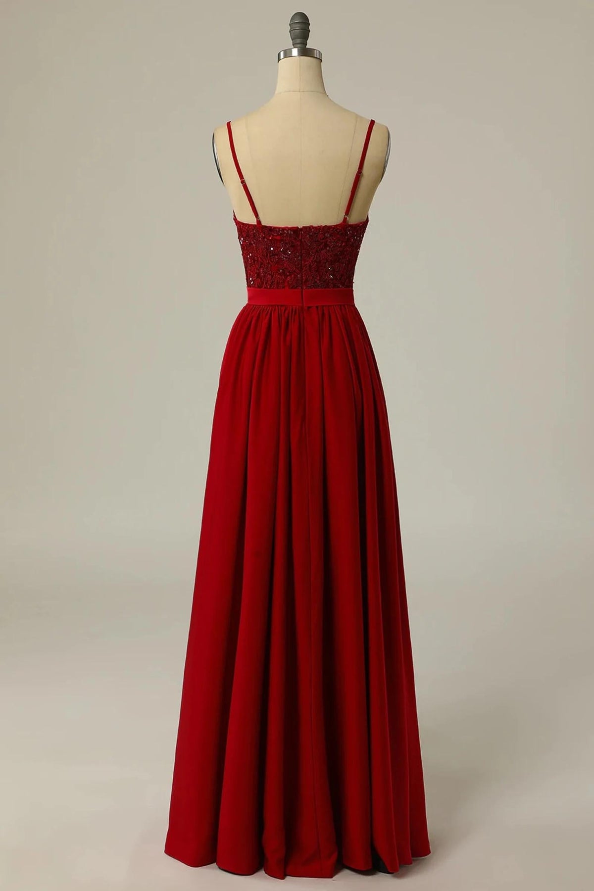 Red Lace Straps Banded Waist Bridesmaid Dress