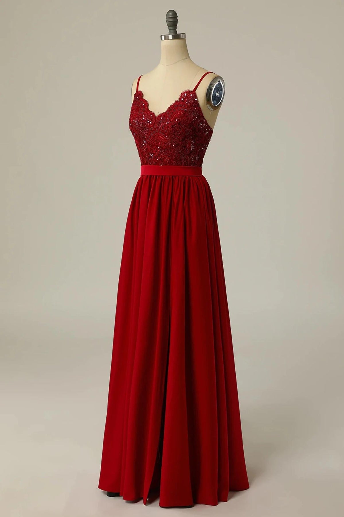 Red Lace Straps Banded Waist Bridesmaid Dress
