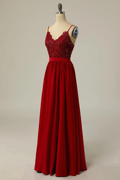 Red Lace Straps Banded Waist Bridesmaid Dress