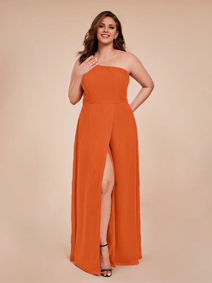 Plus size one shoulder side slit chiffon bridesmaid dress