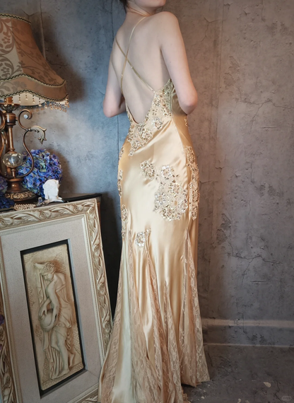 Retro Golden V-neck Sparkling Beaded Backless Design Elegant Satin Evening Dress Prom Dress HZ1024