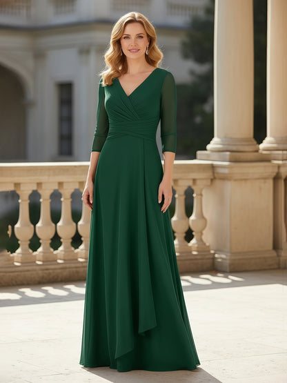 3/4 Sleeves Pleated V-neck Chiffon Floor-length Dress Dark Green