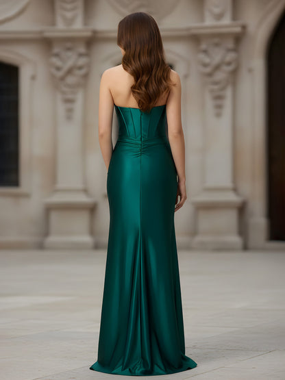 Sweetheart Neck Beaded Sheath Long Slit Dress Dark Green