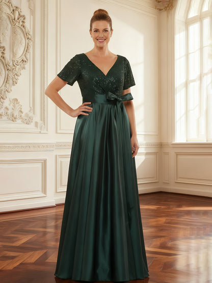 Sequined Bodice A-Line Gown with Pleated Skirt Dark Green