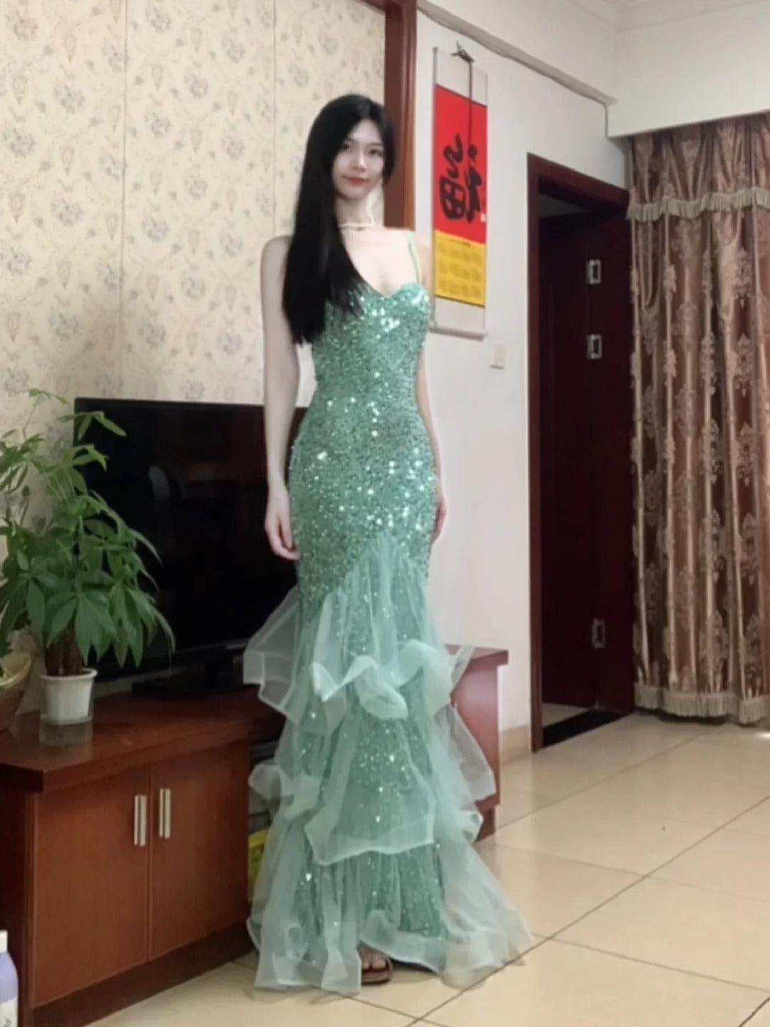 Dreamy Princess Mint Green Mermaid Spaghetti Strap Backless Sequined Long Prom Dress Evening Dress cc5379