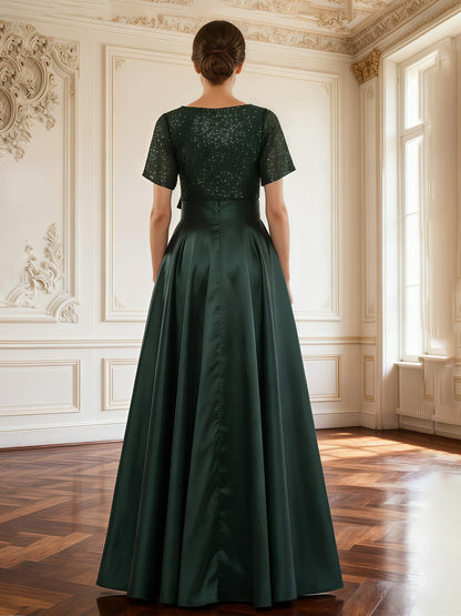 Sequined Bodice A-Line Gown with Pleated Skirt Dark Green