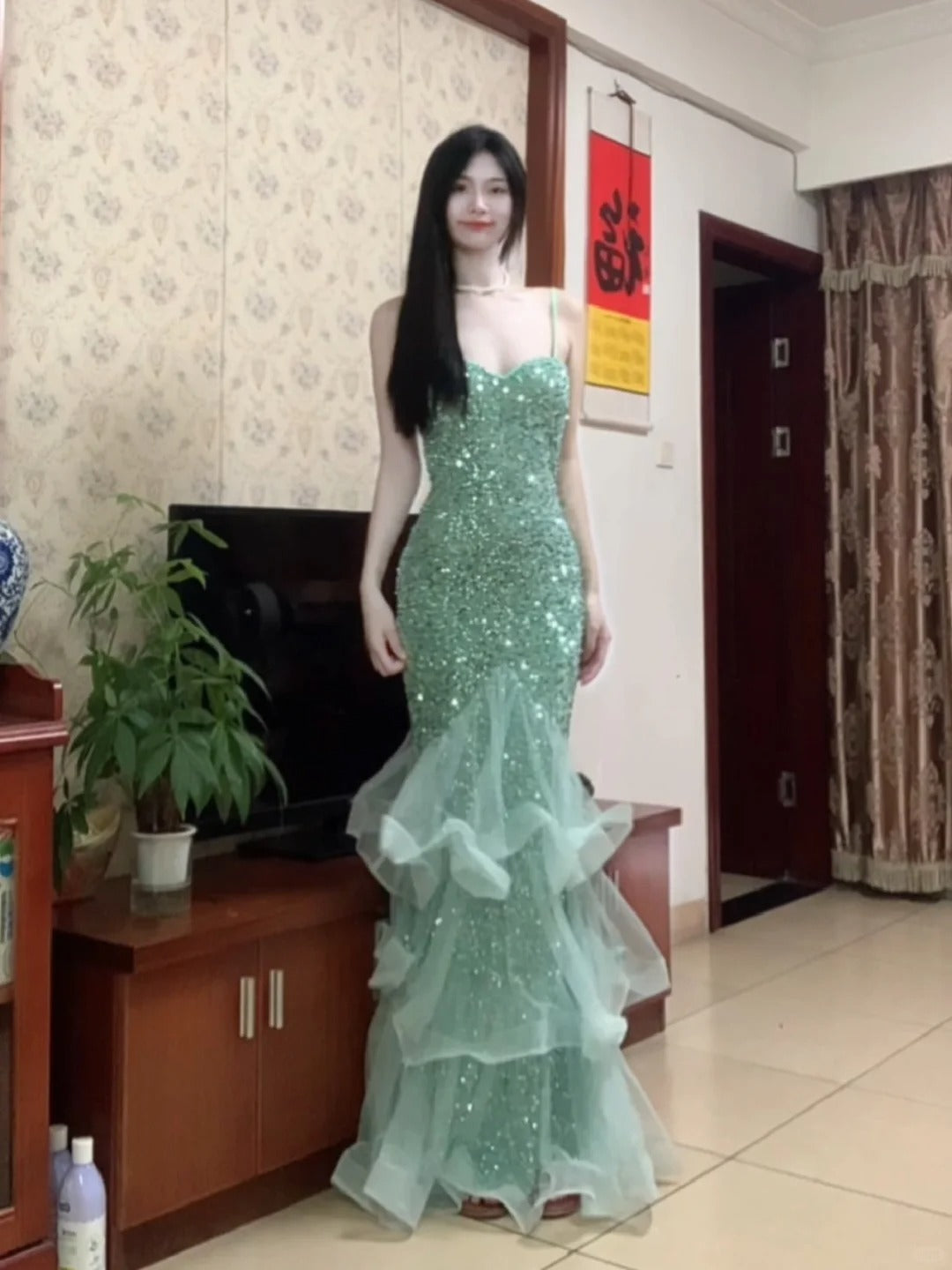 Dreamy Princess Mint Green Mermaid Spaghetti Strap Backless Sequined Long Prom Dress Evening Dress cc5379