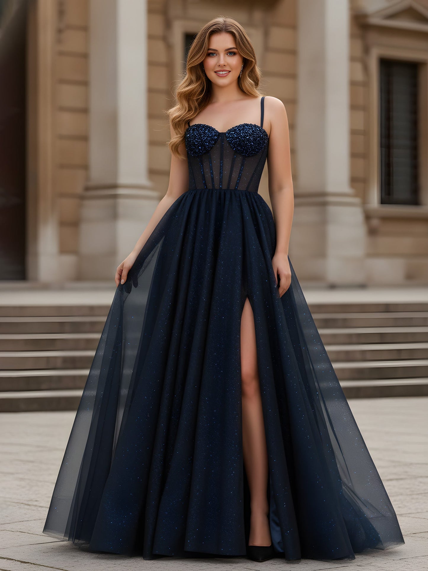Sparkle Sweetheart Neck A-LIne Tulle Dress With Slit Dark Navy