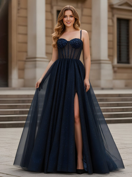 Sparkle Sweetheart Neck A-LIne Tulle Dress With Slit Dark Navy