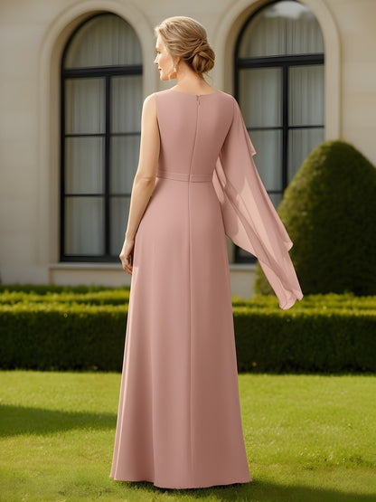 Chiffon One-Shoulder Drape A-Line Gown Dusty Rose