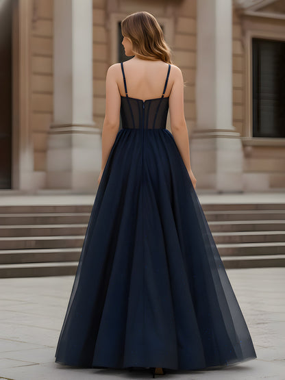 Sparkle Sweetheart Neck A-LIne Tulle Dress With Slit Dark Navy