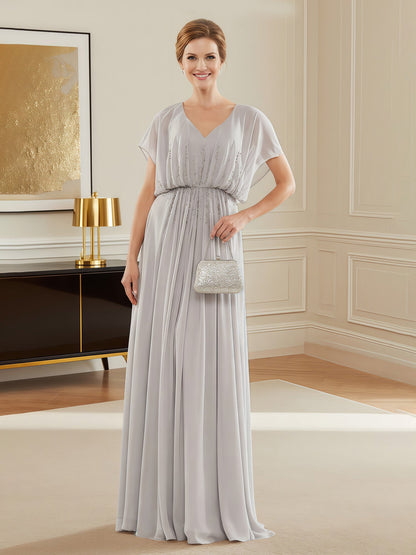 Elegant Evening Dress with Beaded Drape Overlay Silver