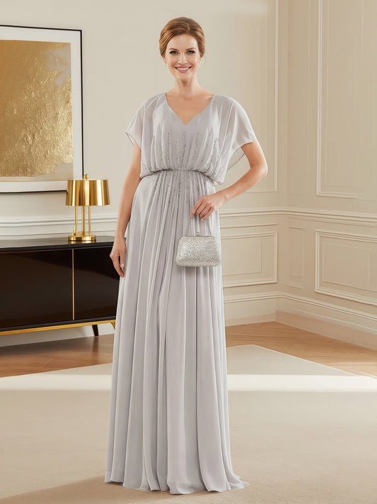 Elegant Evening Dress with Beaded Drape Overlay Silver