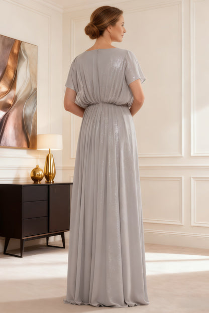 Elegant Evening Dress with Beaded Drape Overlay Silver
