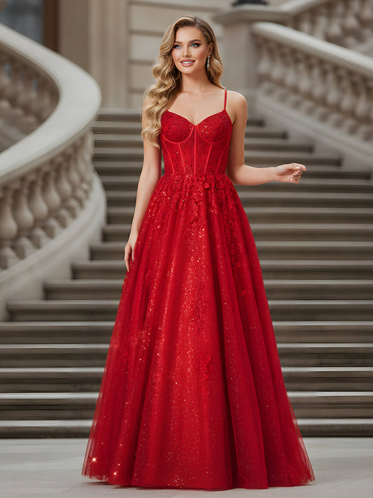 A-Line Sweetheart Neck Applique Sequins Tulle Dress Red