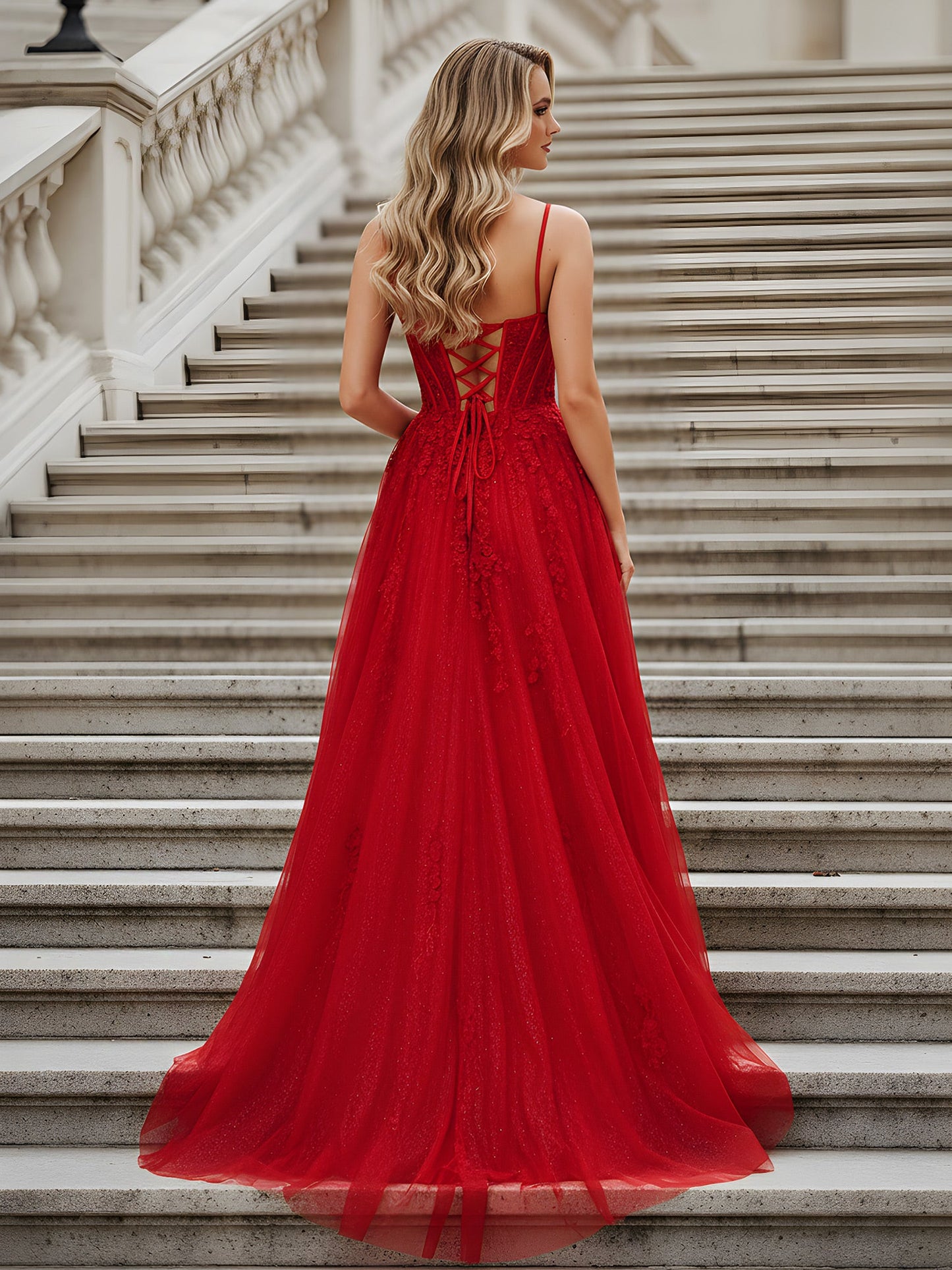 A-Line Sweetheart Neck Applique Sequins Tulle Dress Red