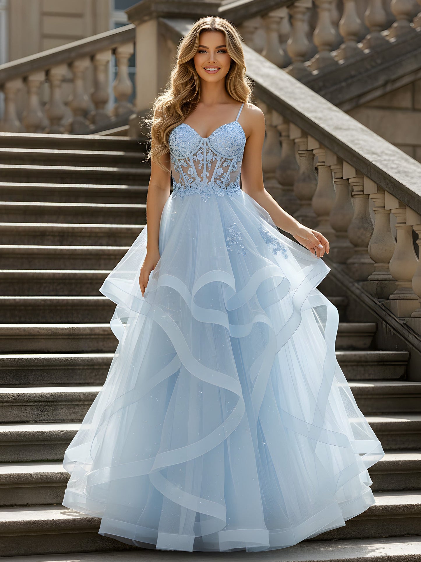 Sweetheart Sheer Corset Ruffle Tulle Long Dress Sky Blue