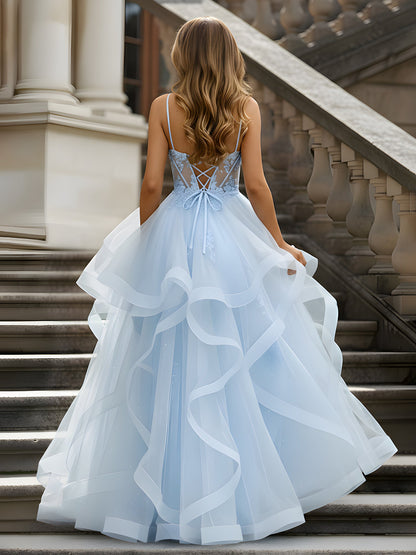 Sweetheart Sheer Corset Ruffle Tulle Long Dress Sky Blue
