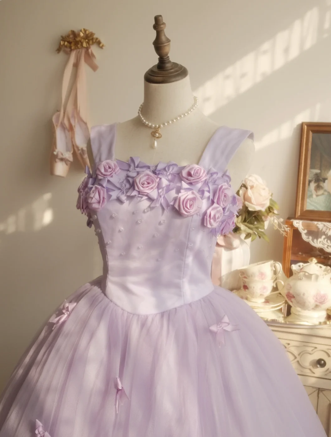Sweet Princess Light Purple 3D Floral Square Neck Bow Tulle Ball Gown Evening Dress Sweet 16 Dress cc5380