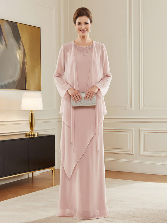 Chiffon Layered Gown with Cascade Jacket Pearl Pink