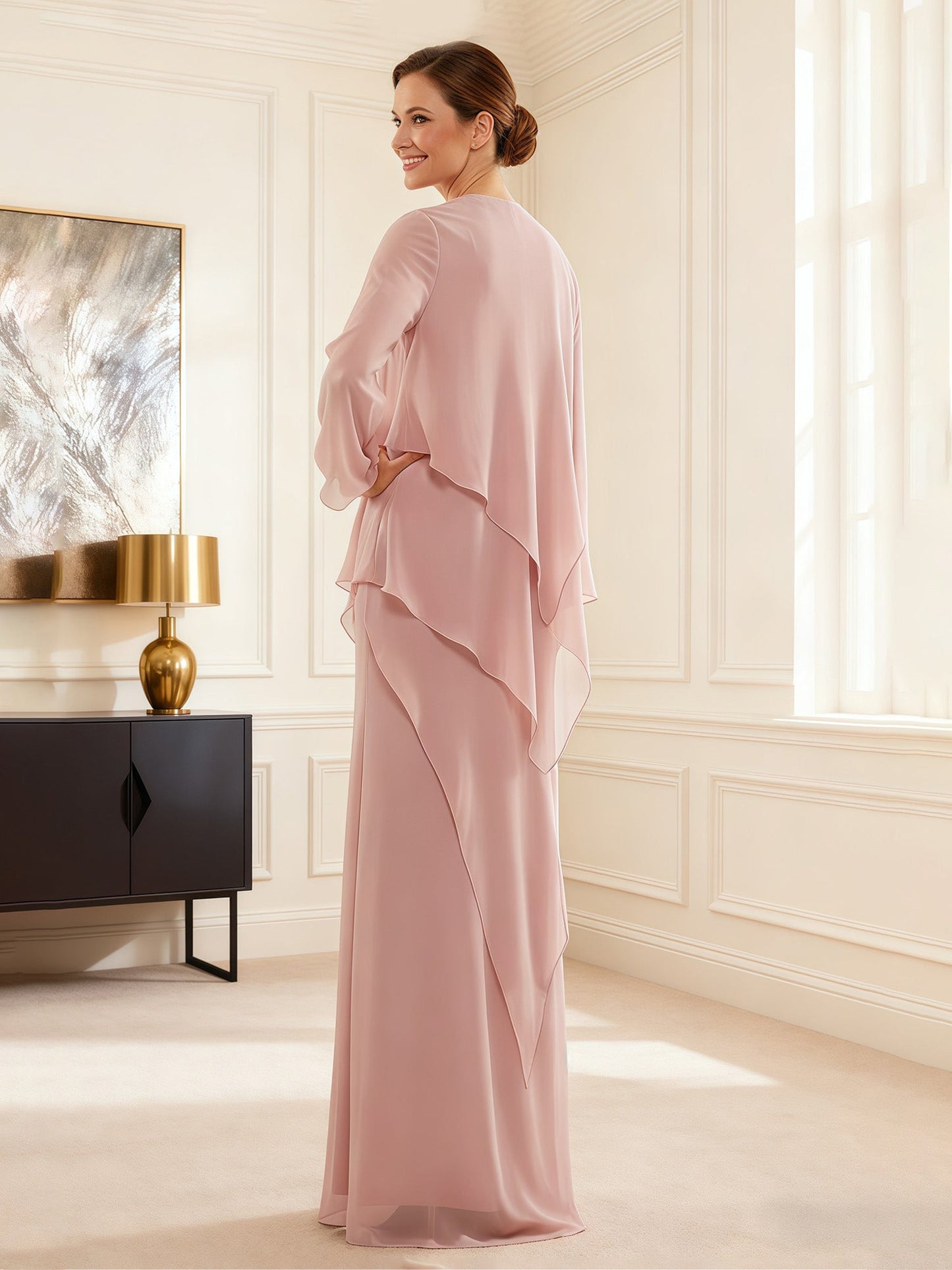 Chiffon Layered Gown with Cascade Jacket Pearl Pink