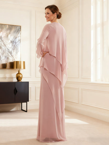 Chiffon Layered Gown with Cascade Jacket Pearl Pink
