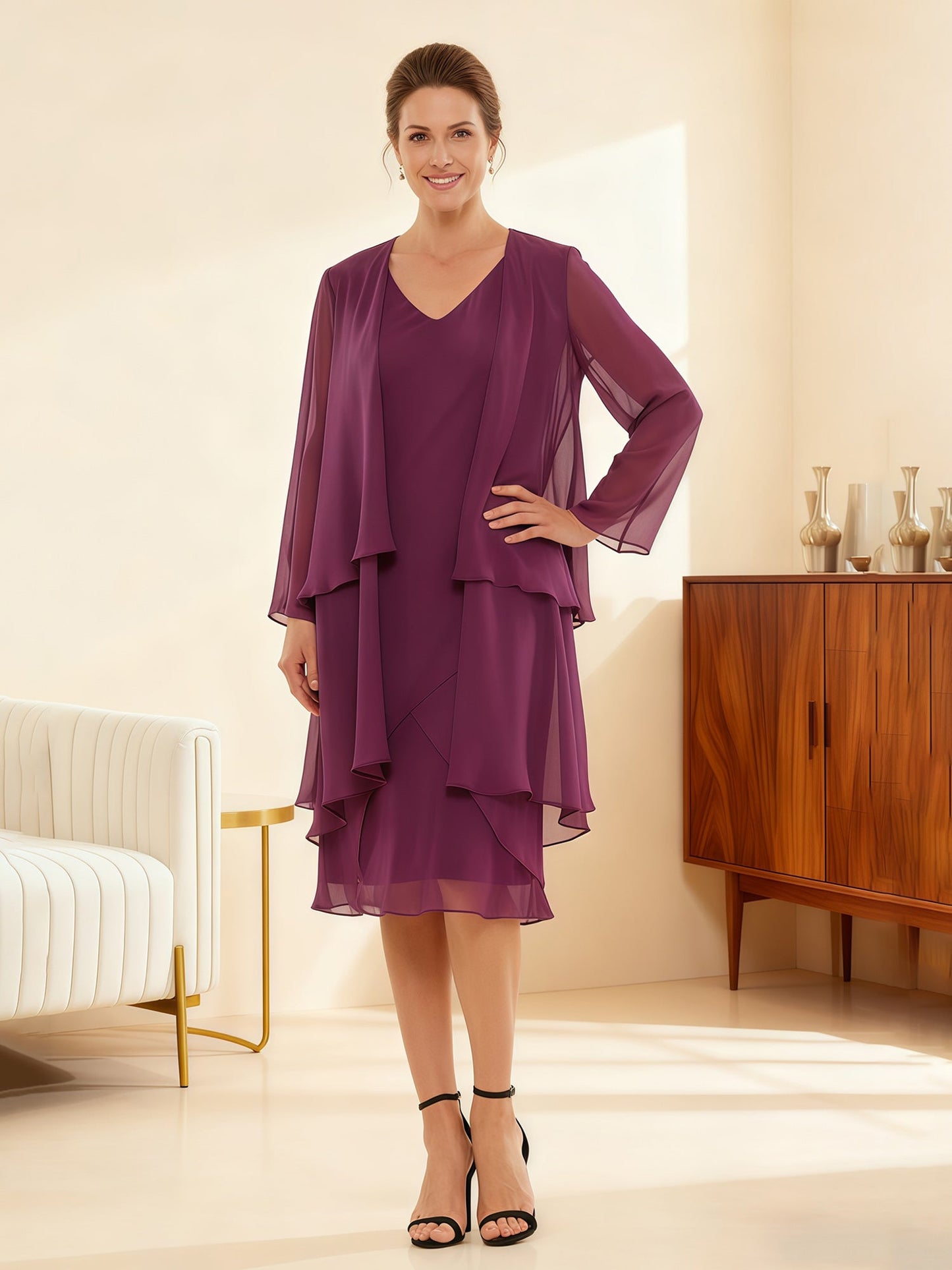 Two-Piece Sheer Sleeve Occasion Ensemble Mulberry